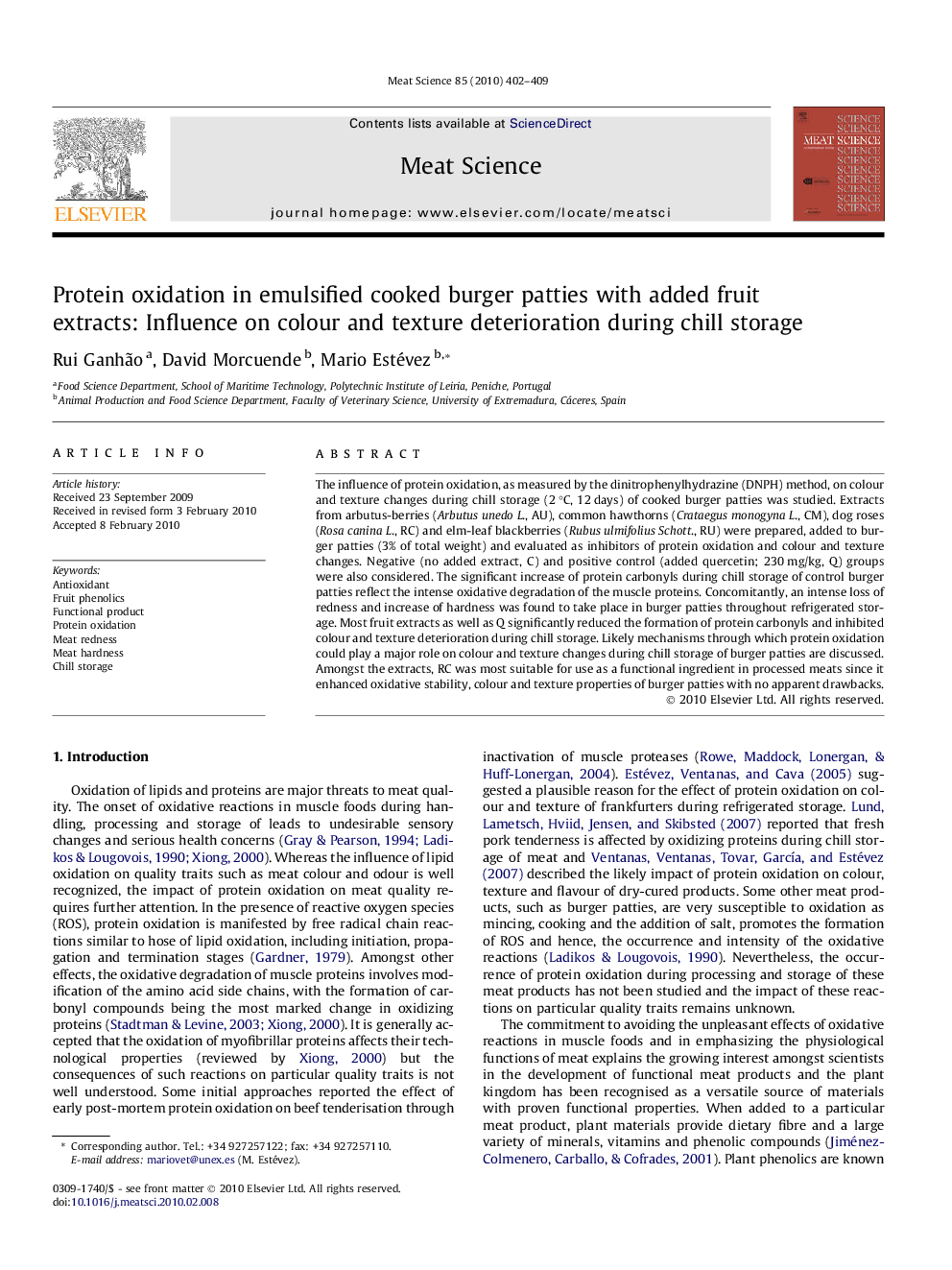 Protein oxidation in emulsified cooked burger patties with added fruit extracts: Influence on colour and texture deterioration during chill storage