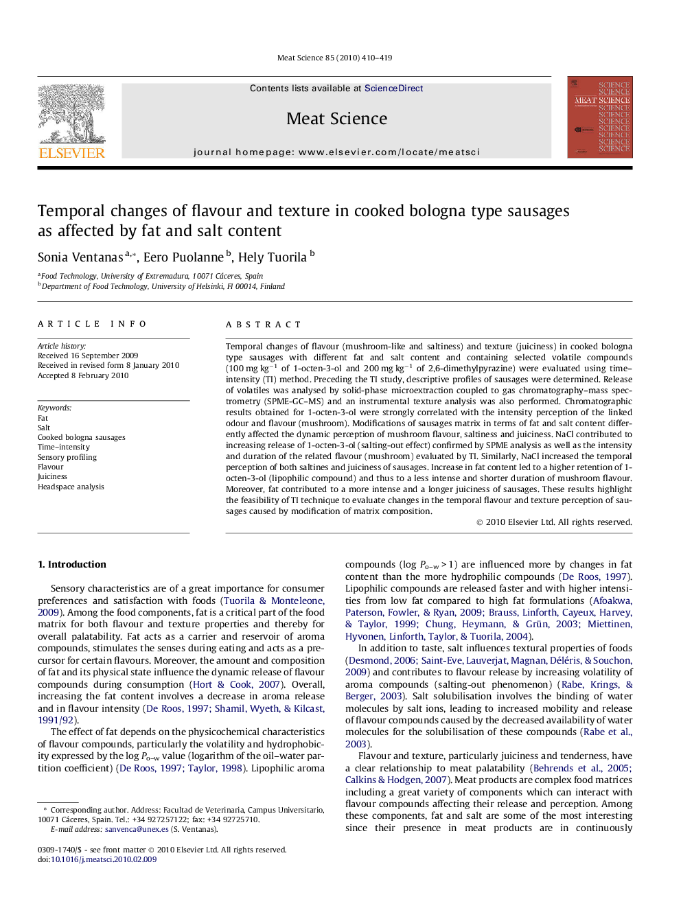 Temporal changes of flavour and texture in cooked bologna type sausages as affected by fat and salt content