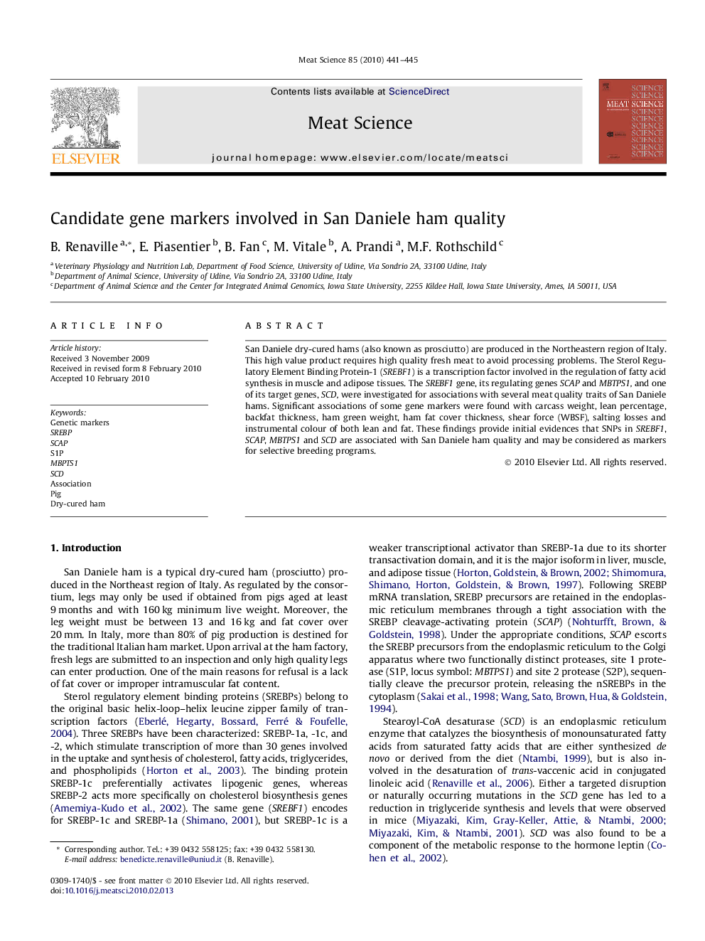 Candidate gene markers involved in San Daniele ham quality