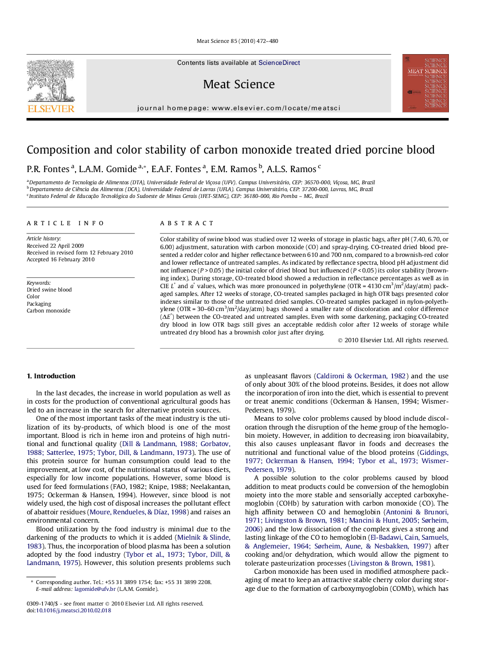 Composition and color stability of carbon monoxide treated dried porcine blood