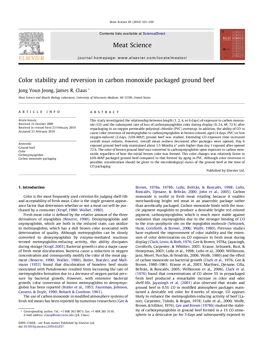 Color stability and reversion in carbon monoxide packaged ground beef