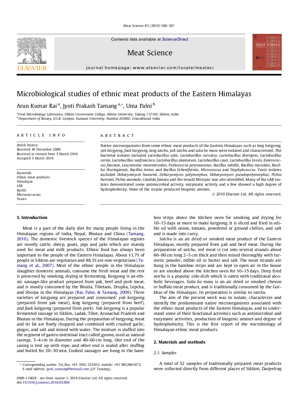 Microbiological studies of ethnic meat products of the Eastern Himalayas