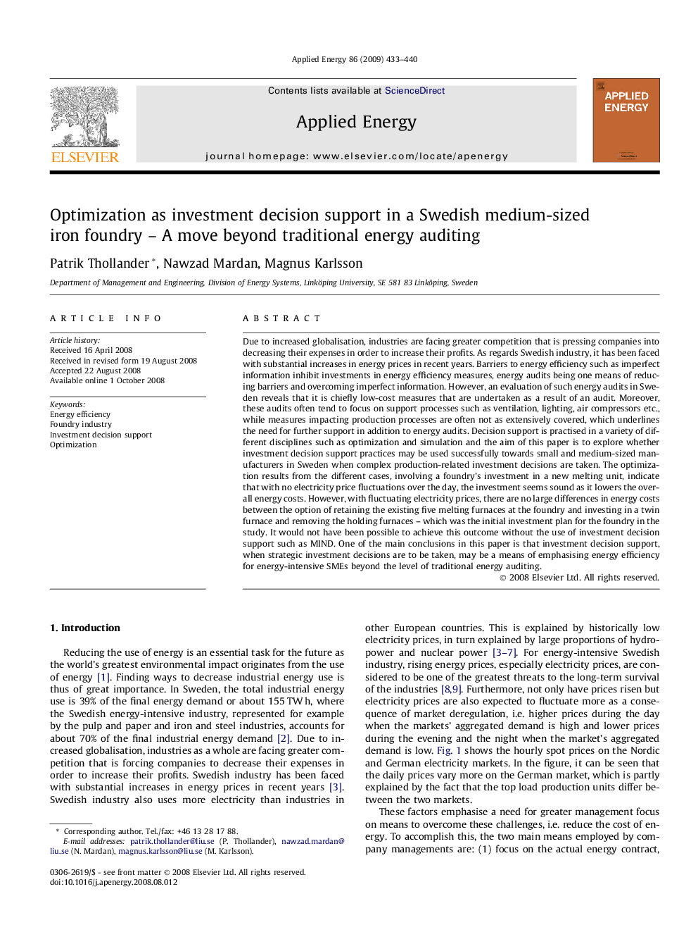 Optimization as investment decision support in a Swedish medium-sized iron foundry – A move beyond traditional energy auditing