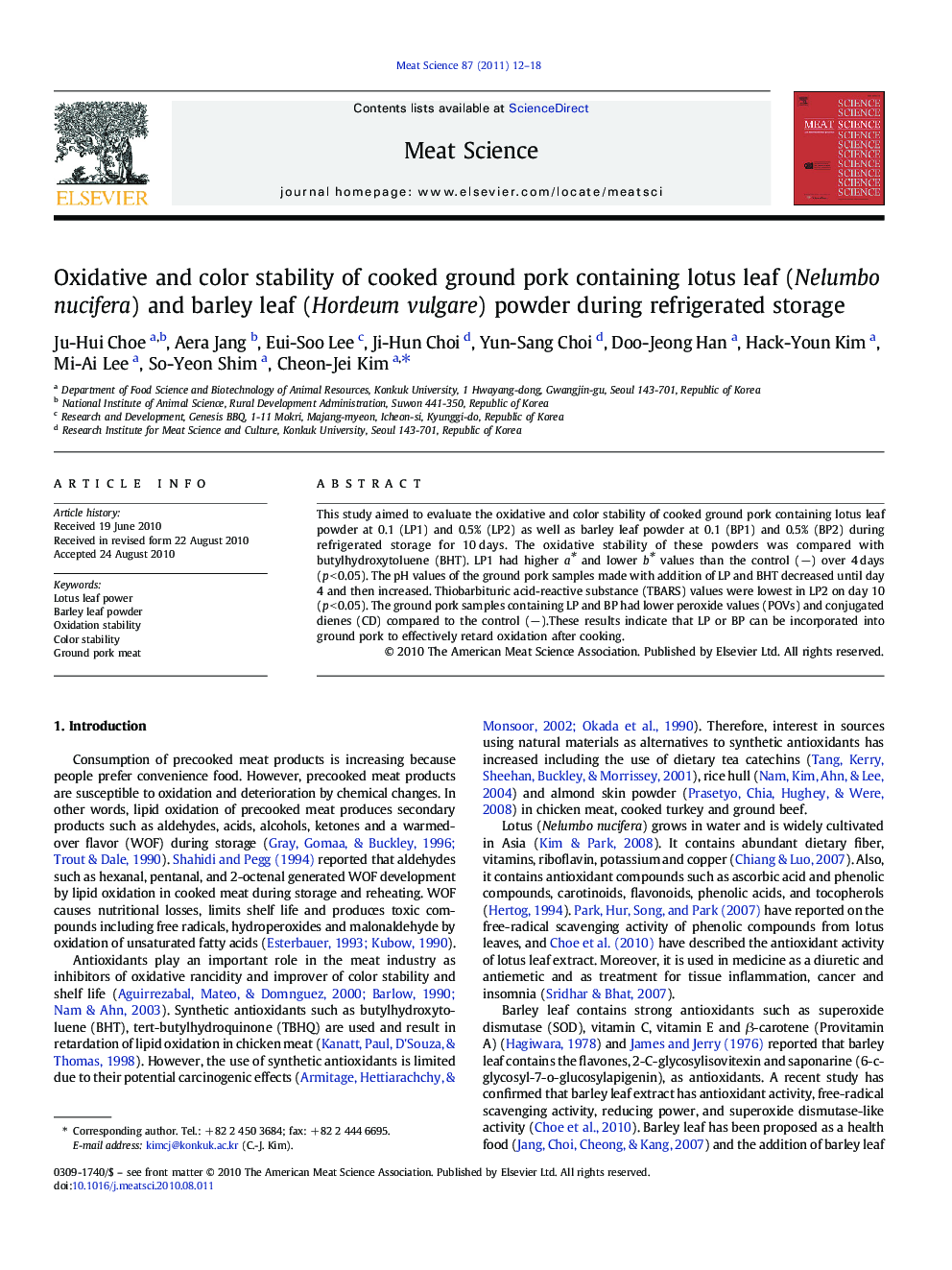 Oxidative and color stability of cooked ground pork containing lotus leaf (Nelumbo nucifera) and barley leaf (Hordeum vulgare) powder during refrigerated storage