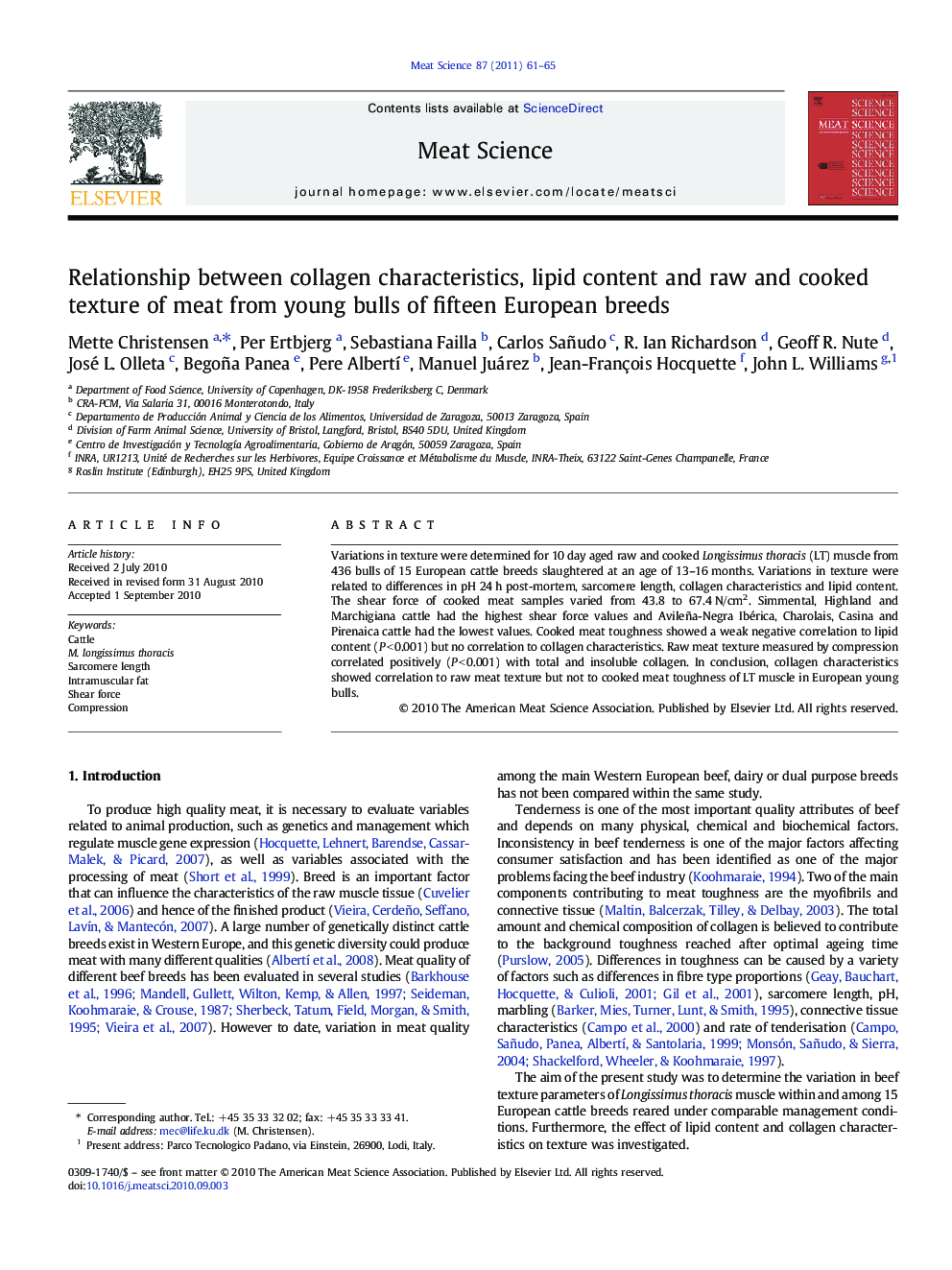 Relationship between collagen characteristics, lipid content and raw and cooked texture of meat from young bulls of fifteen European breeds