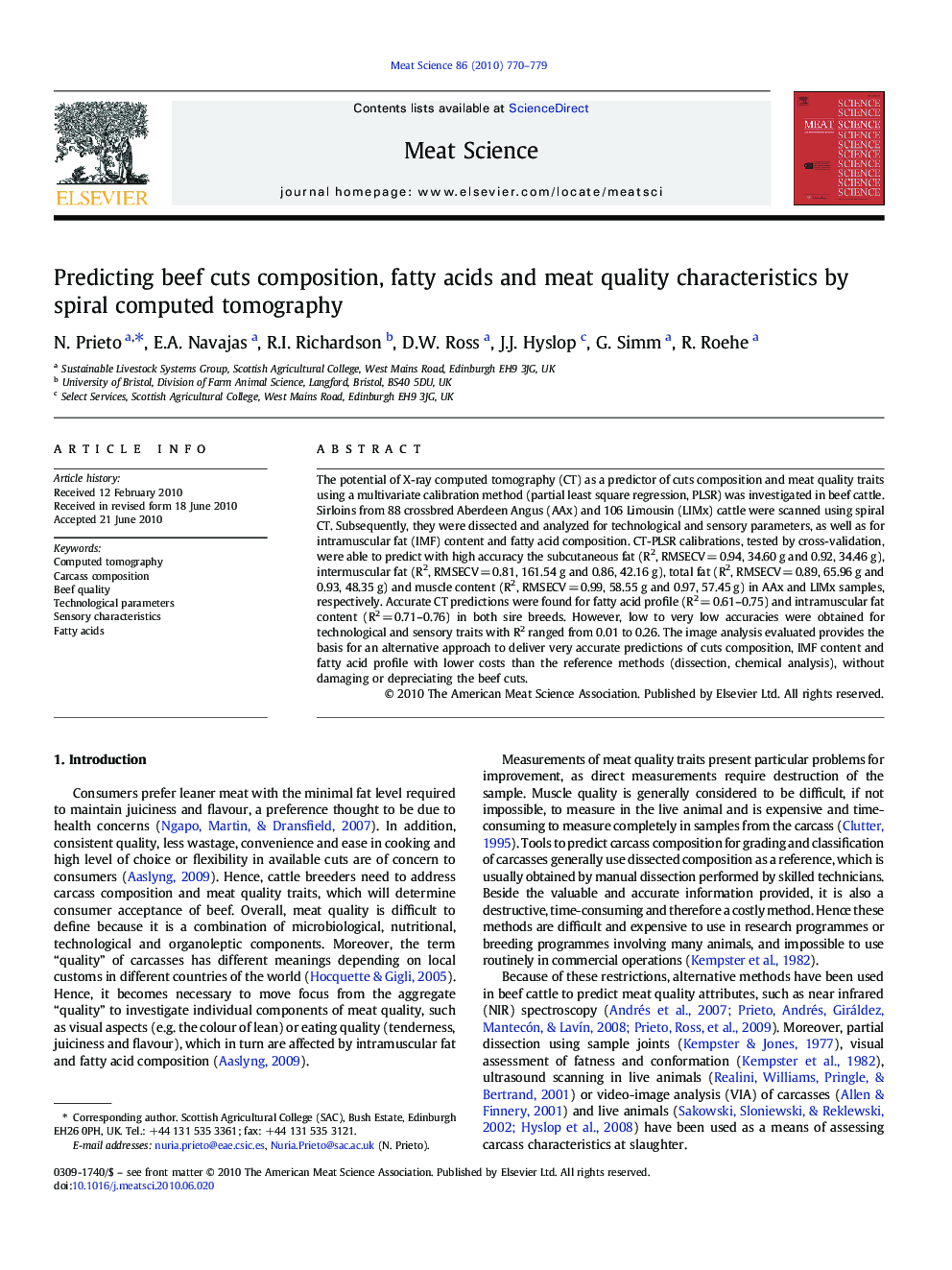 Predicting beef cuts composition, fatty acids and meat quality characteristics by spiral computed tomography