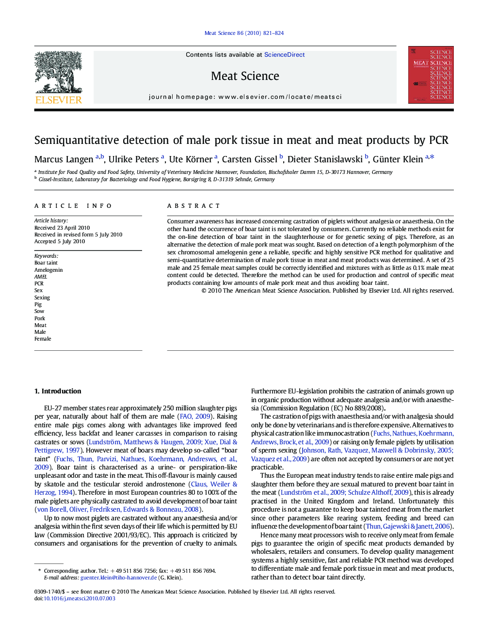 Semiquantitative detection of male pork tissue in meat and meat products by PCR