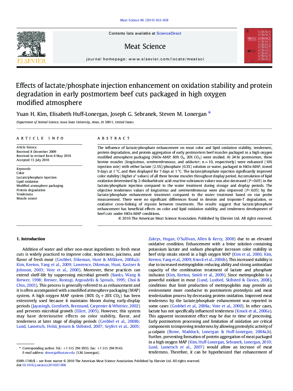 Effects of lactate/phosphate injection enhancement on oxidation stability and protein degradation in early postmortem beef cuts packaged in high oxygen modified atmosphere