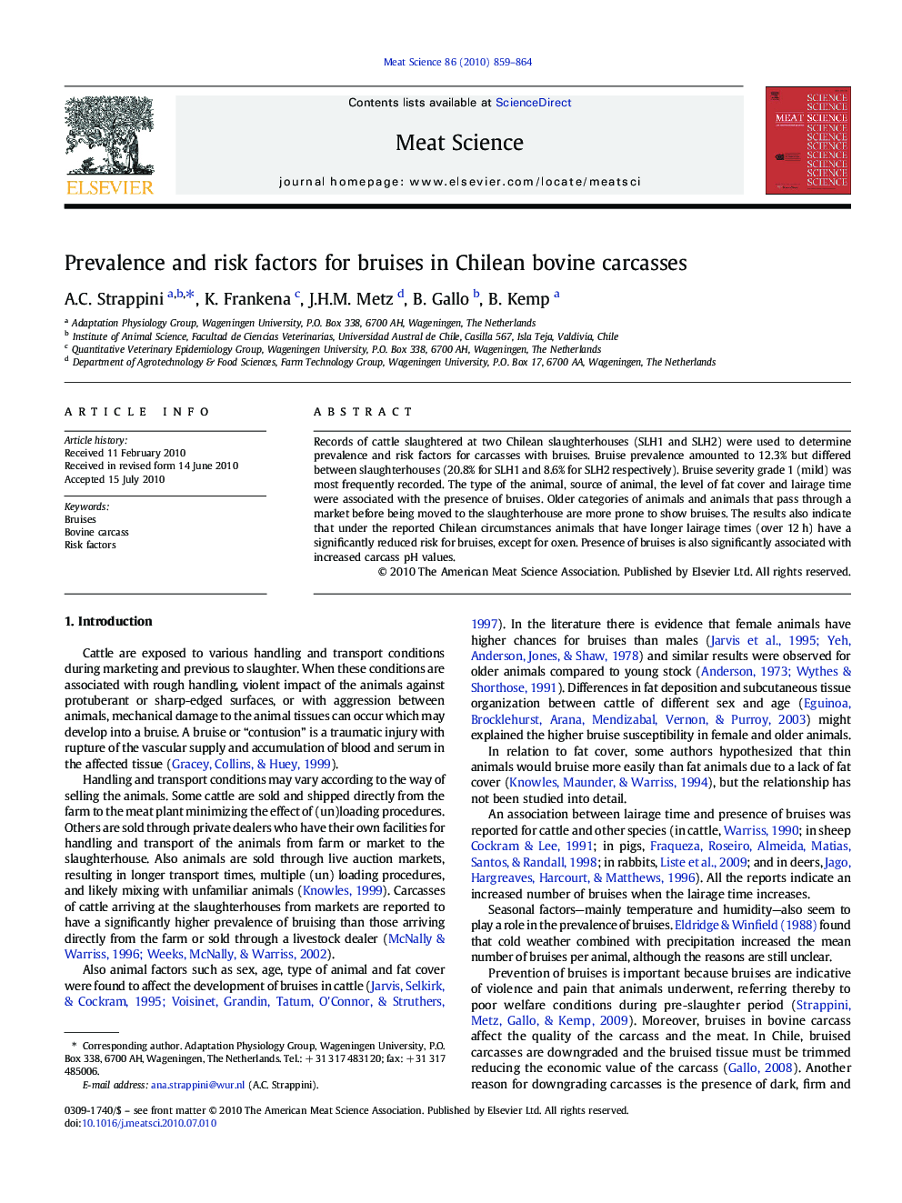 Prevalence and risk factors for bruises in Chilean bovine carcasses