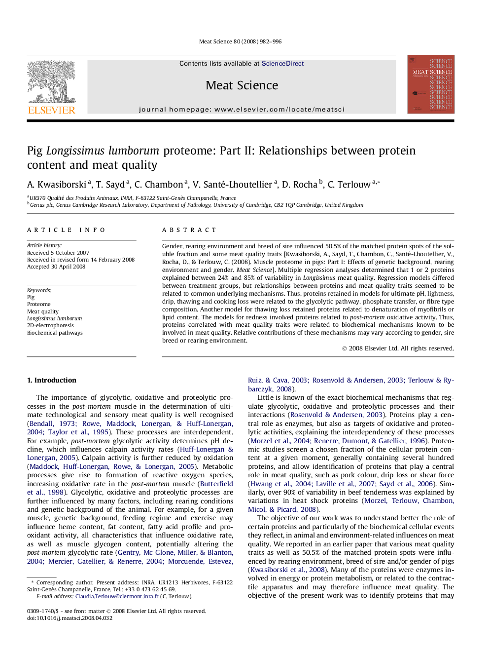 Pig Longissimus lumborum proteome: Part II: Relationships between protein content and meat quality