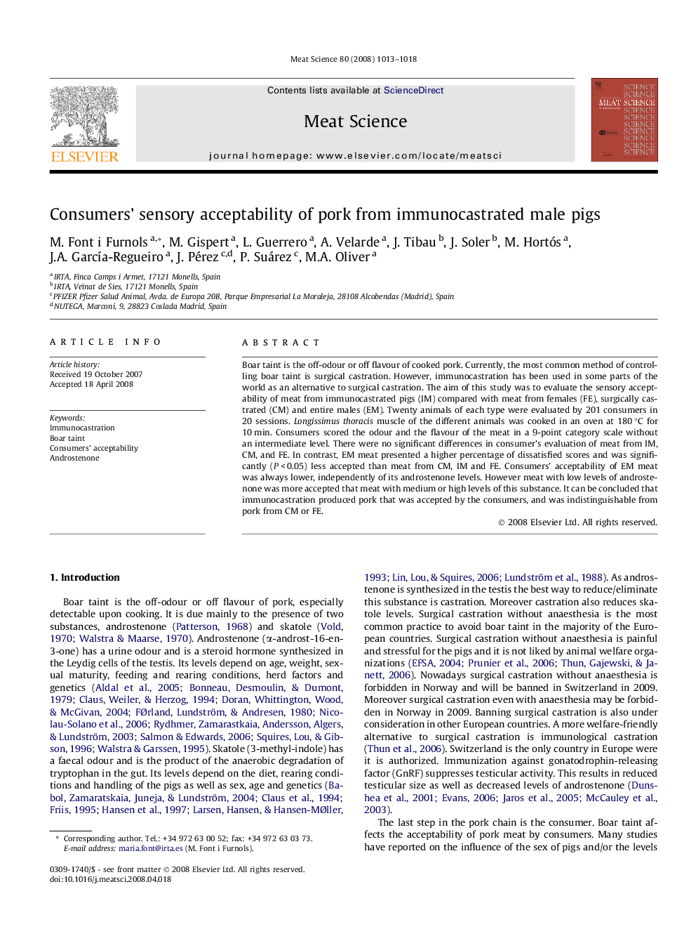 Consumers’ sensory acceptability of pork from immunocastrated male pigs