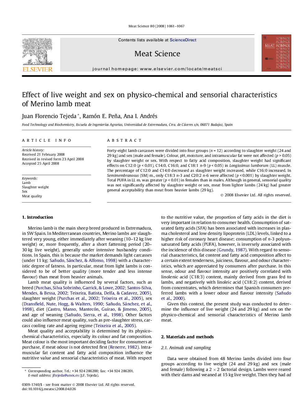 Effect of live weight and sex on physico-chemical and sensorial characteristics of Merino lamb meat