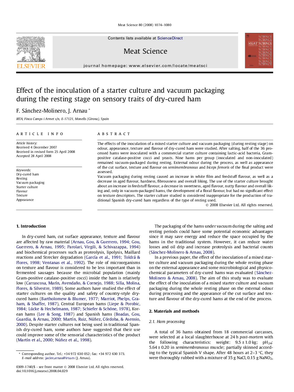 Effect of the inoculation of a starter culture and vacuum packaging during the resting stage on sensory traits of dry-cured ham