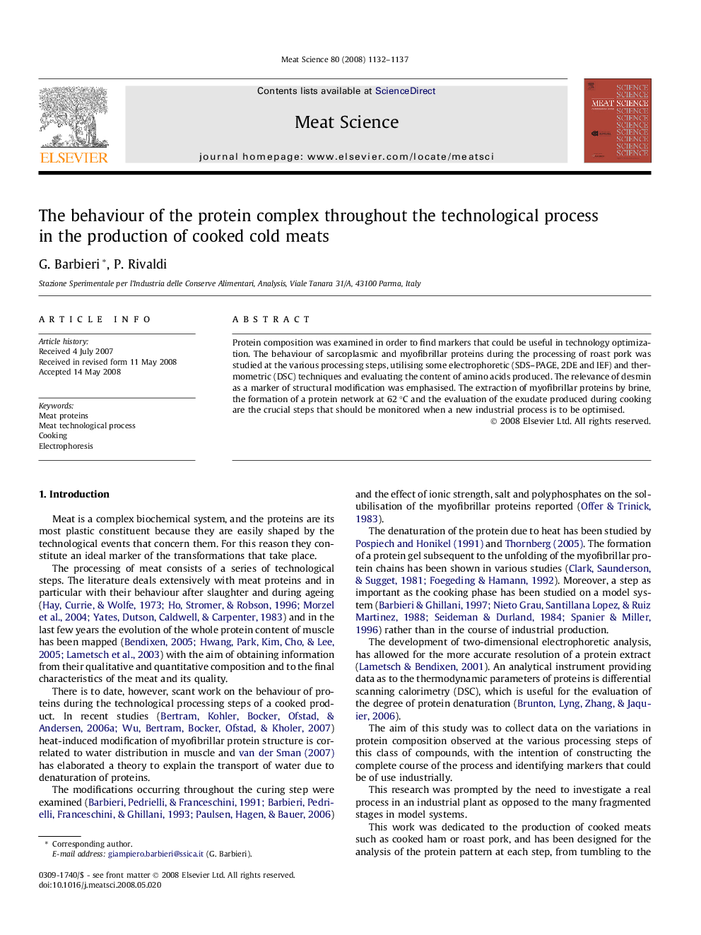 The behaviour of the protein complex throughout the technological process in the production of cooked cold meats