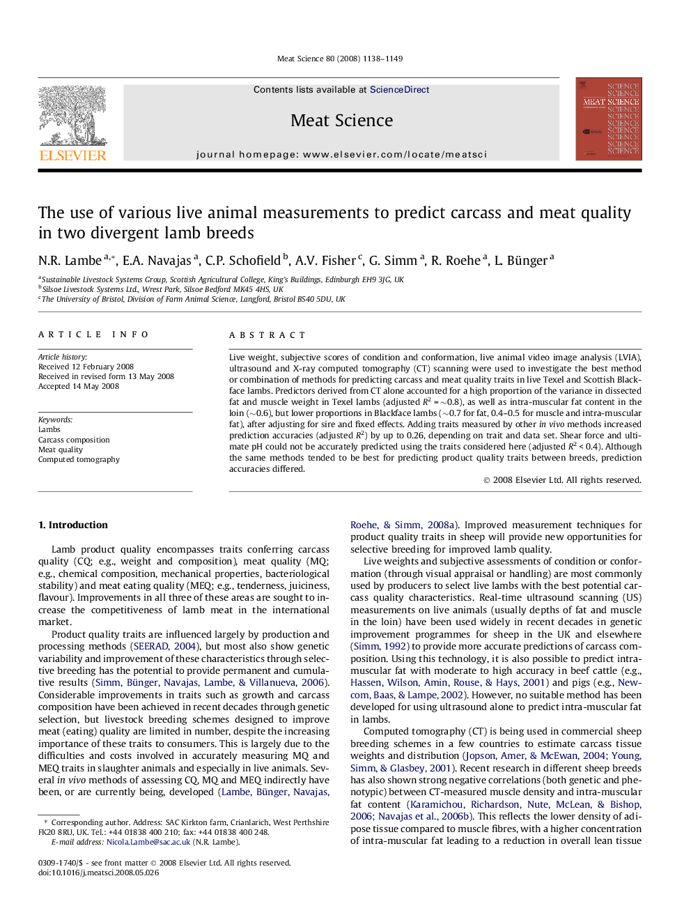 The use of various live animal measurements to predict carcass and meat quality in two divergent lamb breeds