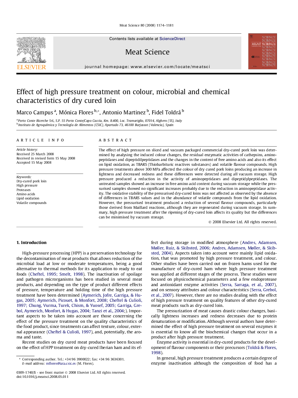 Effect of high pressure treatment on colour, microbial and chemical characteristics of dry cured loin