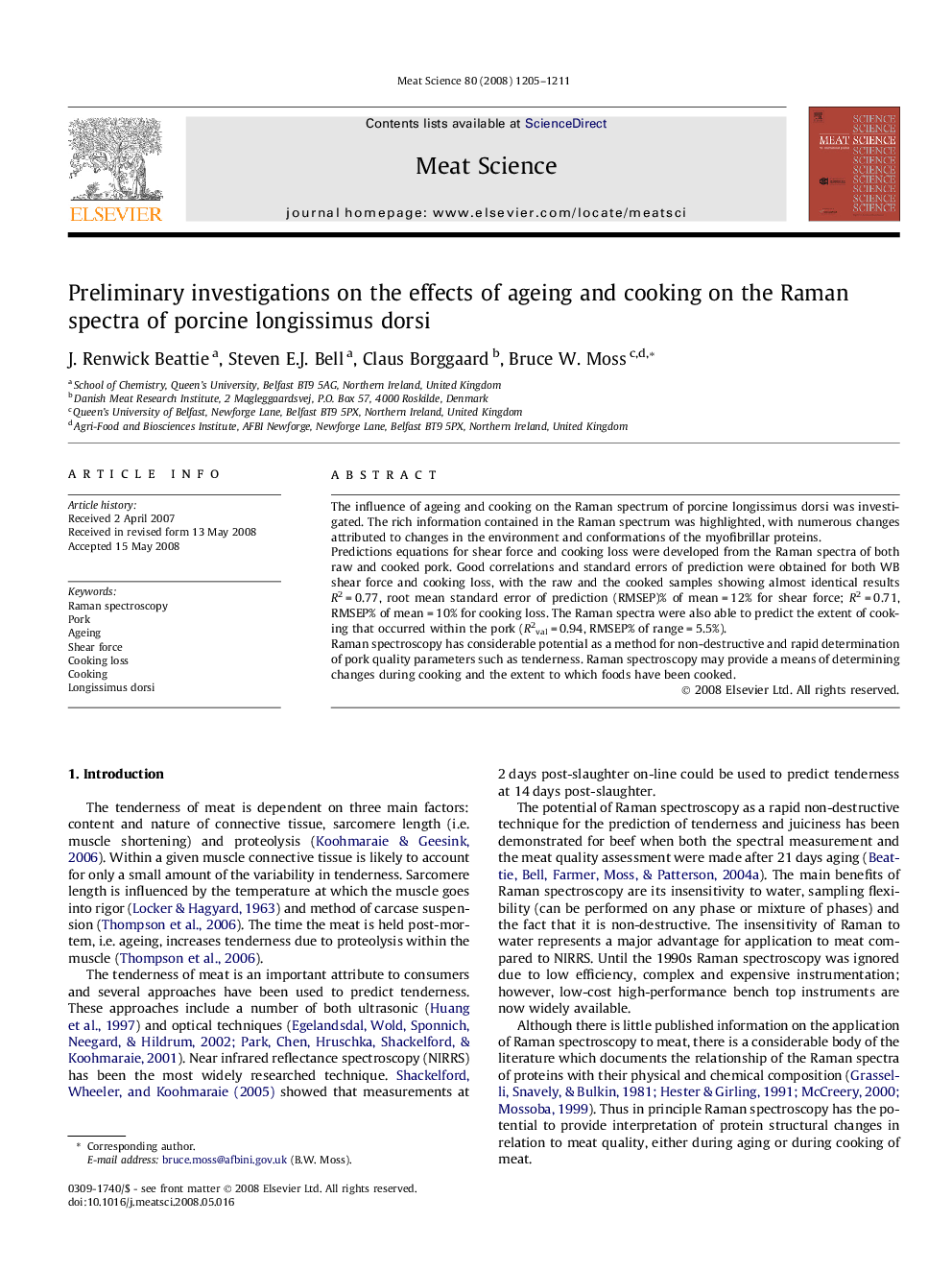 Preliminary investigations on the effects of ageing and cooking on the Raman spectra of porcine longissimus dorsi