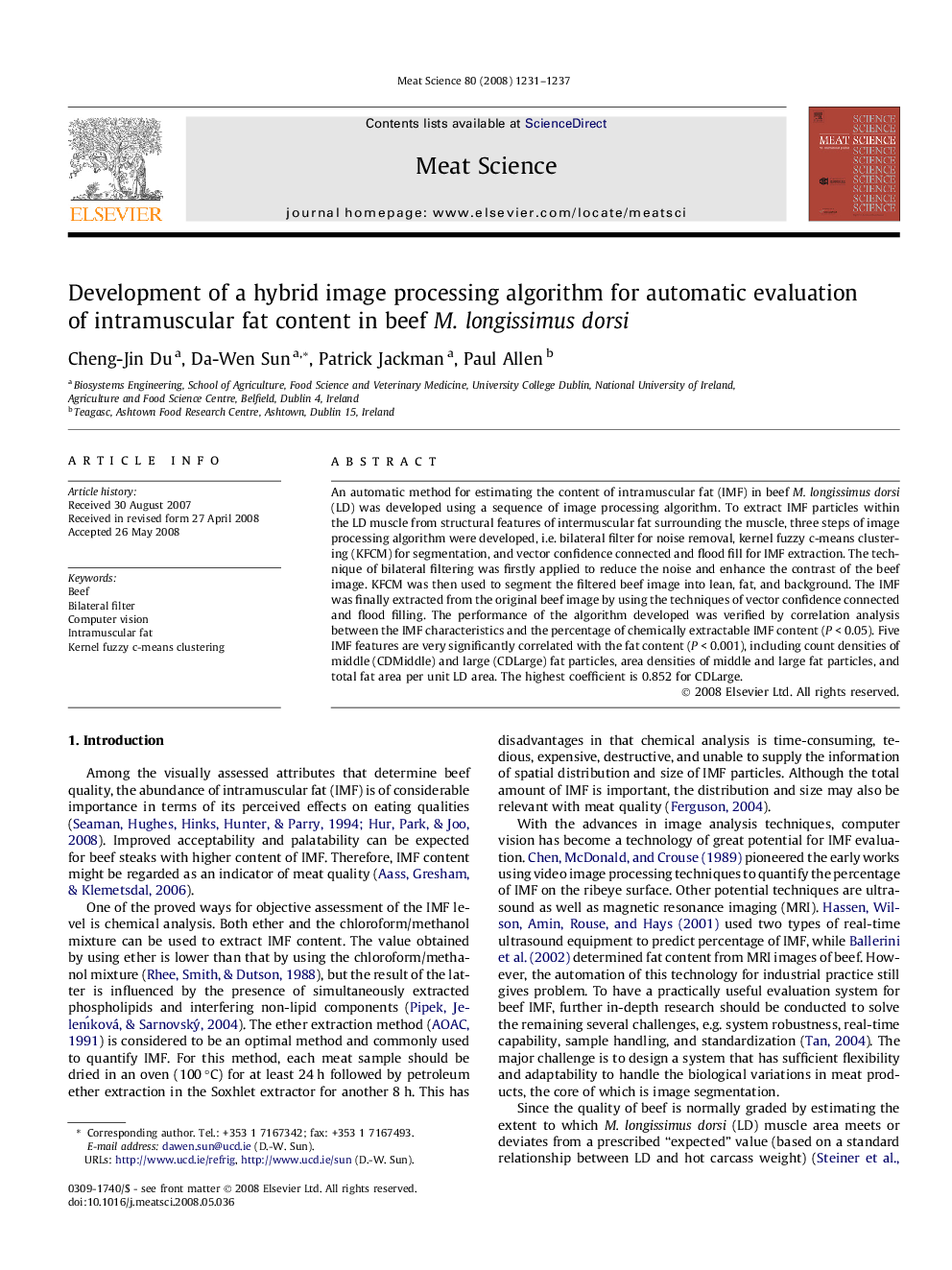 Development of a hybrid image processing algorithm for automatic evaluation of intramuscular fat content in beef M. longissimus dorsi