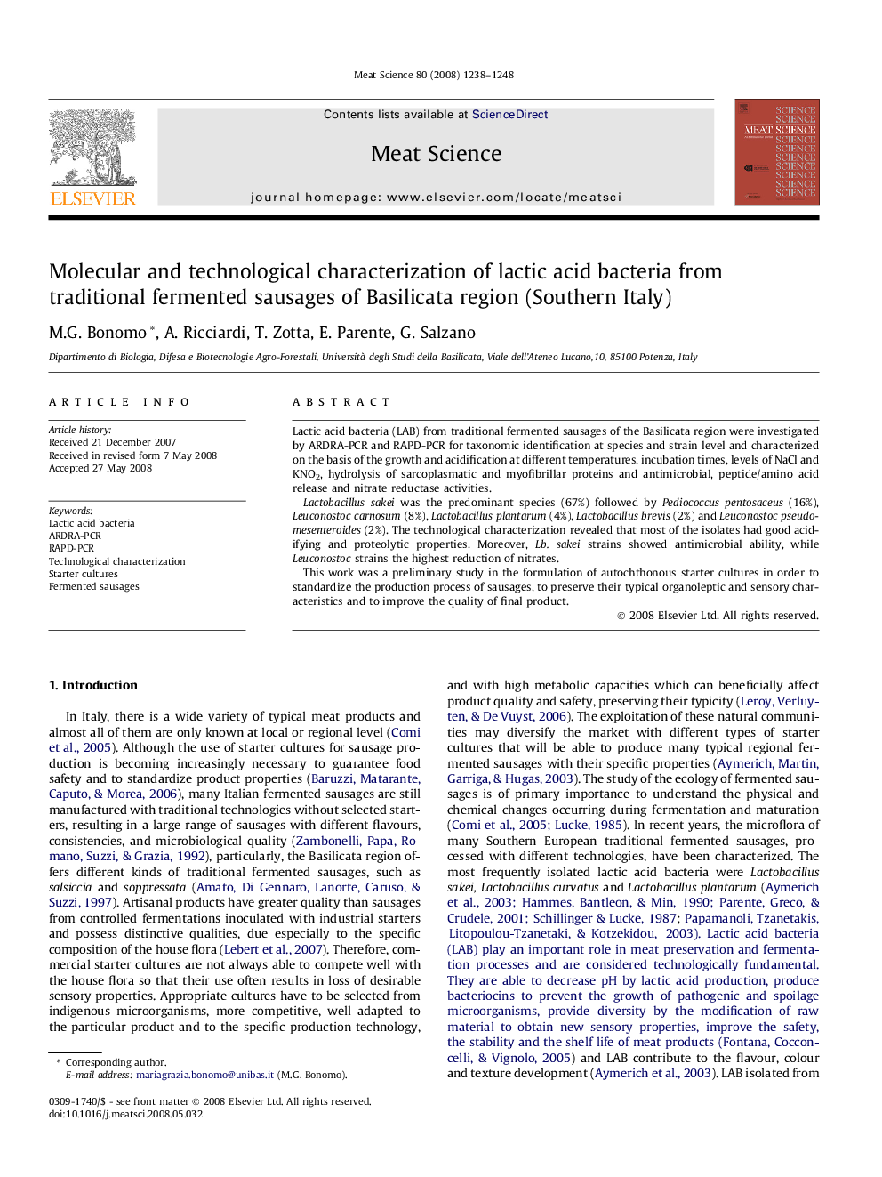 Molecular and technological characterization of lactic acid bacteria from traditional fermented sausages of Basilicata region (Southern Italy)