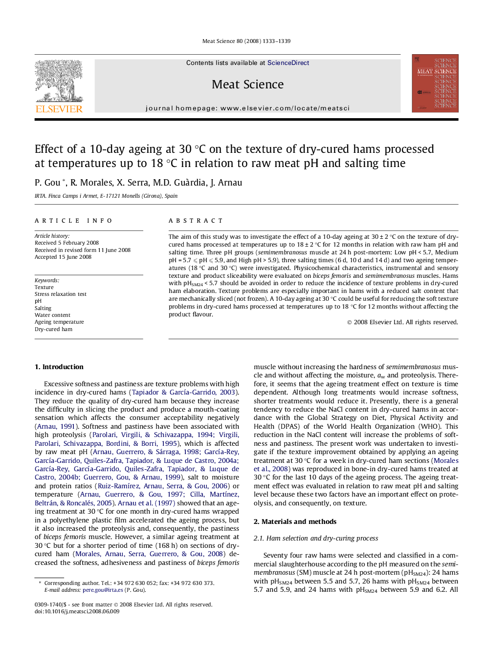 Effect of a 10-day ageing at 30 °C on the texture of dry-cured hams processed at temperatures up to 18 °C in relation to raw meat pH and salting time