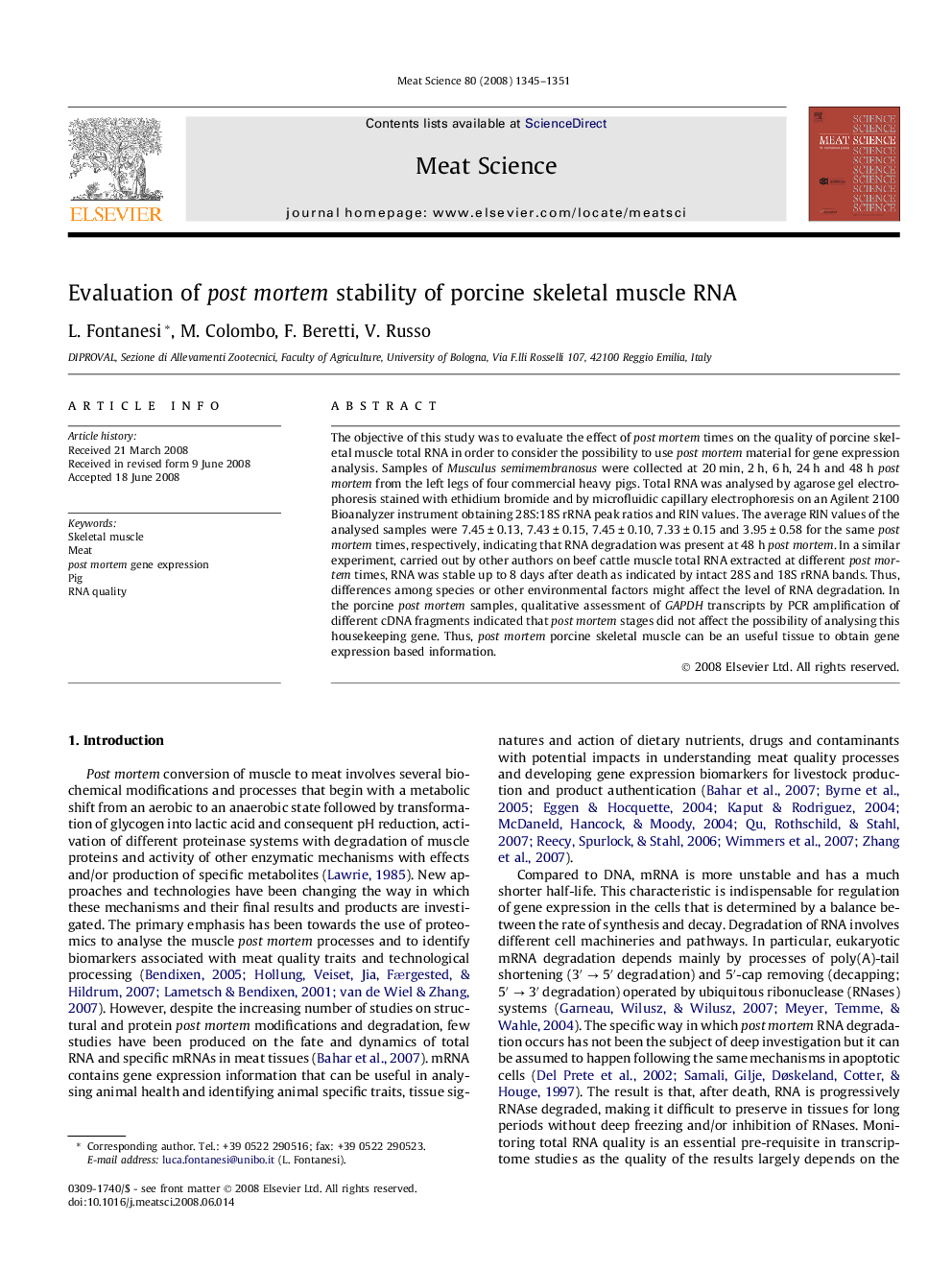 Evaluation of post mortem stability of porcine skeletal muscle RNA