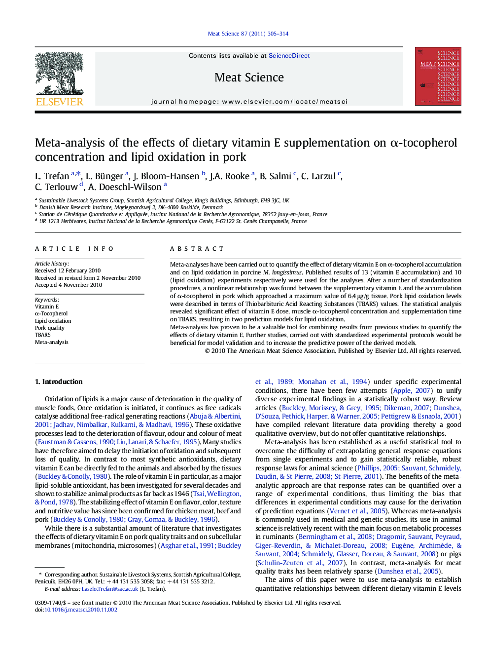 Meta-analysis of the effects of dietary vitamin E supplementation on α-tocopherol concentration and lipid oxidation in pork