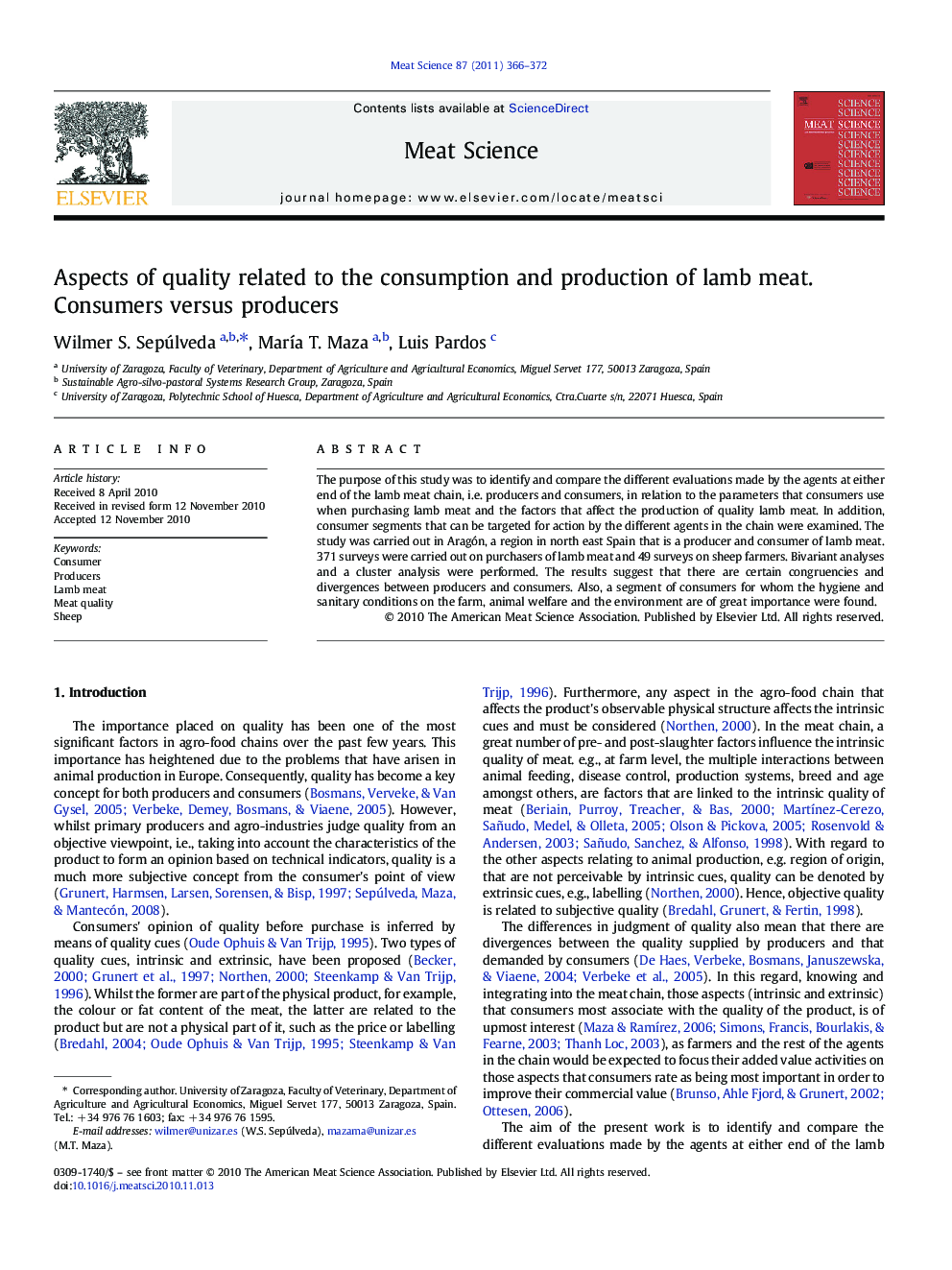 Aspects of quality related to the consumption and production of lamb meat. Consumers versus producers