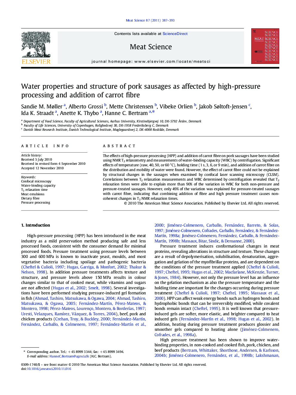 Water properties and structure of pork sausages as affected by high-pressure processing and addition of carrot fibre