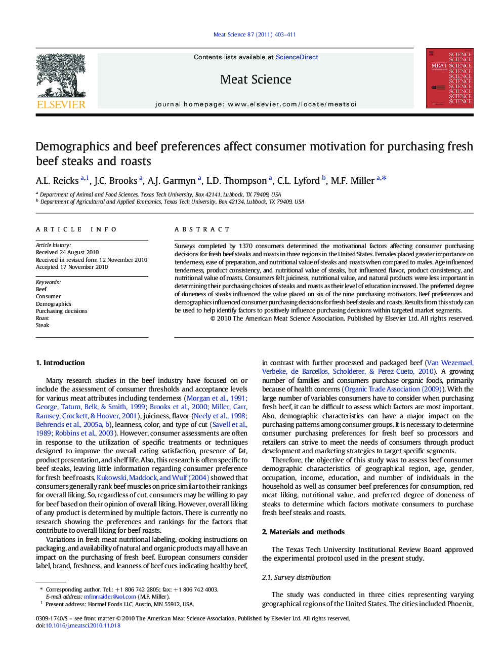 Demographics and beef preferences affect consumer motivation for purchasing fresh beef steaks and roasts