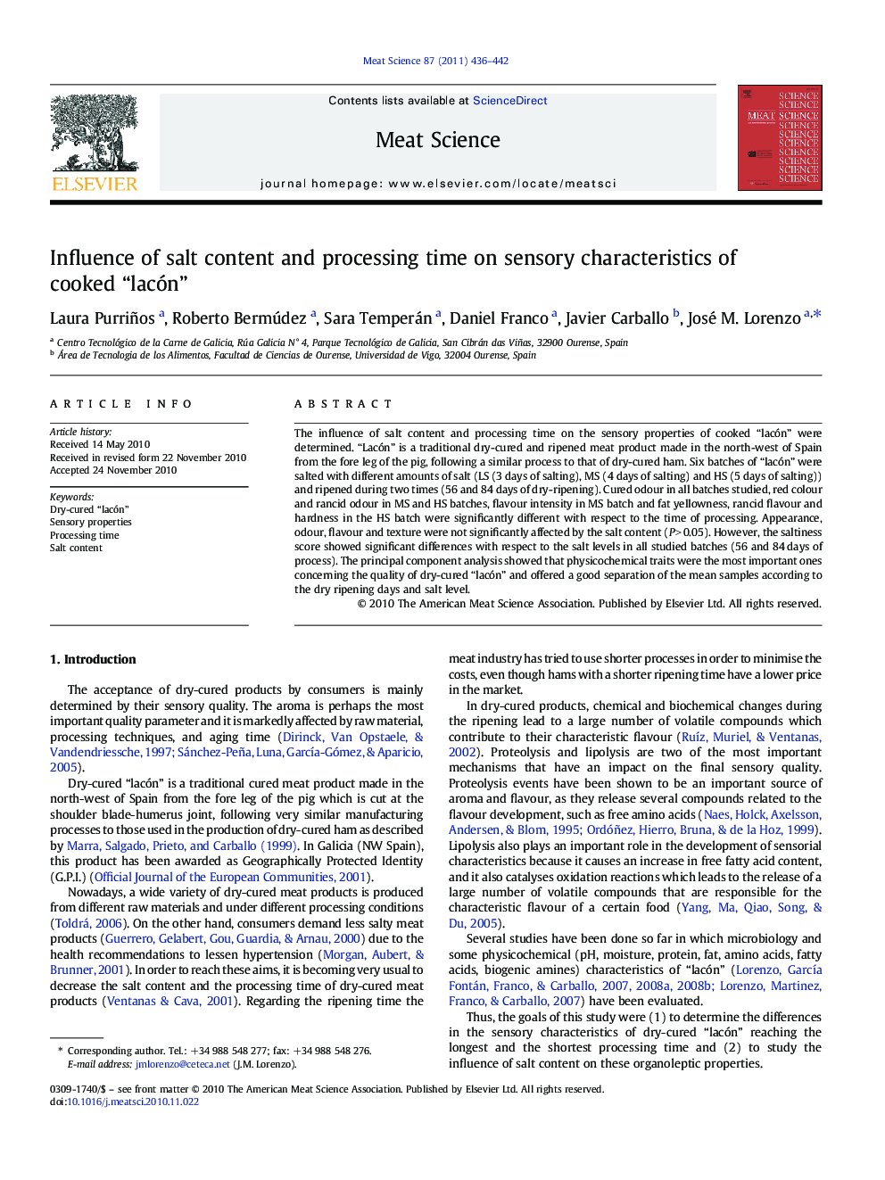 Influence of salt content and processing time on sensory characteristics of cooked “lacón”