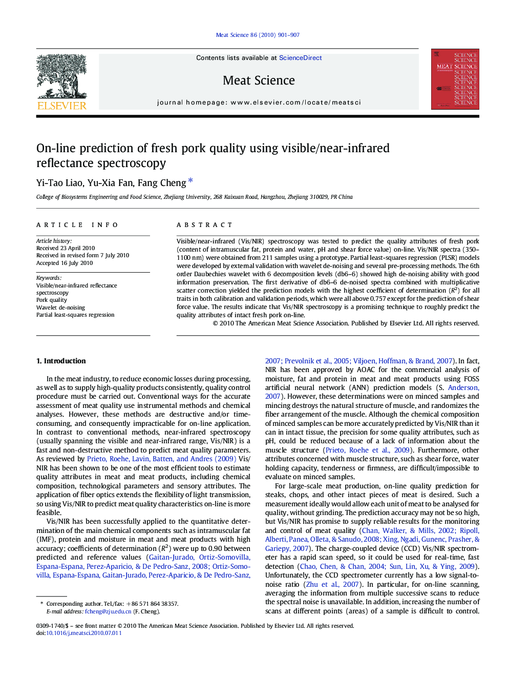 On-line prediction of fresh pork quality using visible/near-infrared reflectance spectroscopy