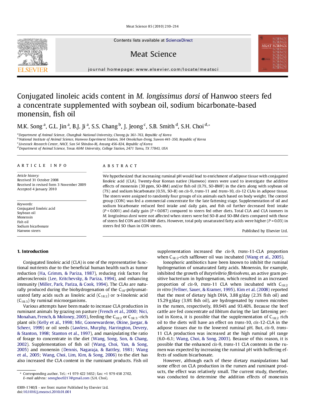 Conjugated linoleic acids content in M.longissimus dorsi of Hanwoo steers fed a concentrate supplemented with soybean oil, sodium bicarbonate-based monensin, fish oil