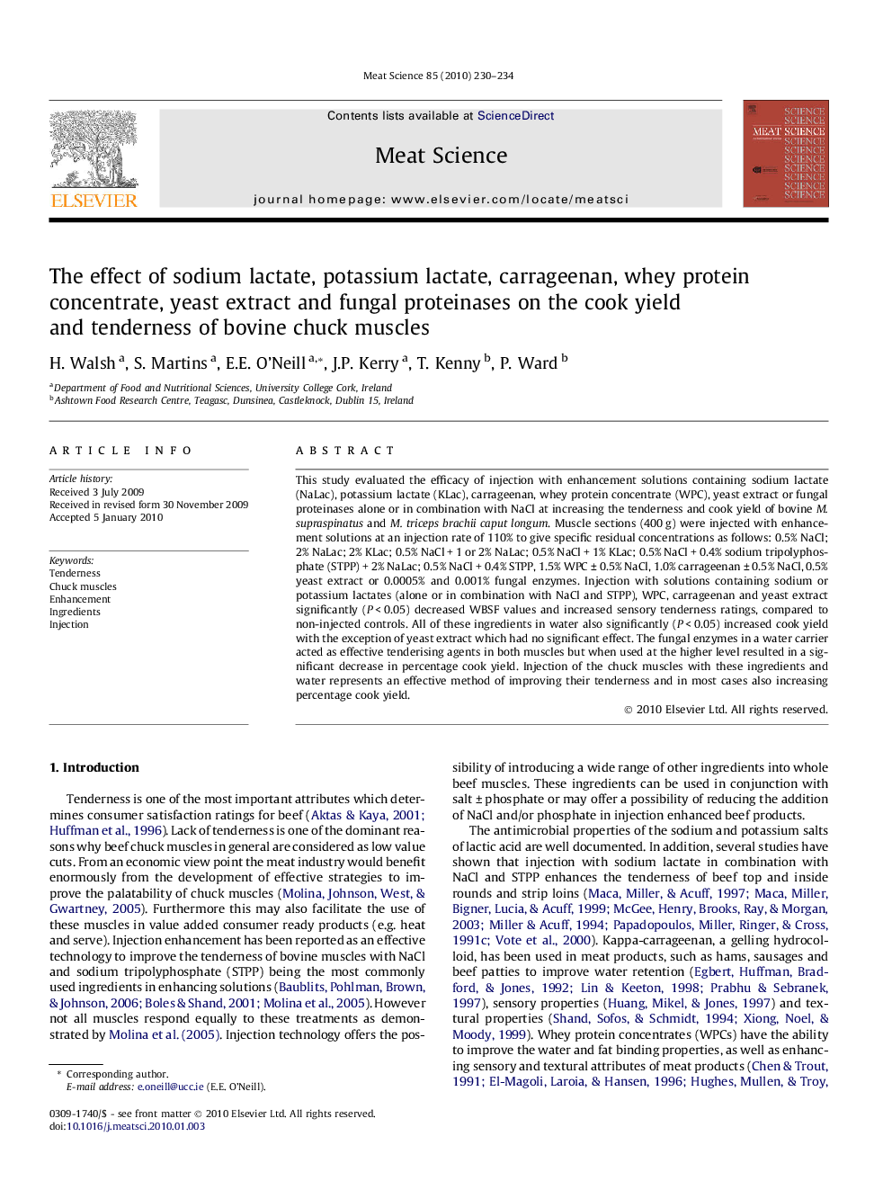 The effect of sodium lactate, potassium lactate, carrageenan, whey protein concentrate, yeast extract and fungal proteinases on the cook yield and tenderness of bovine chuck muscles