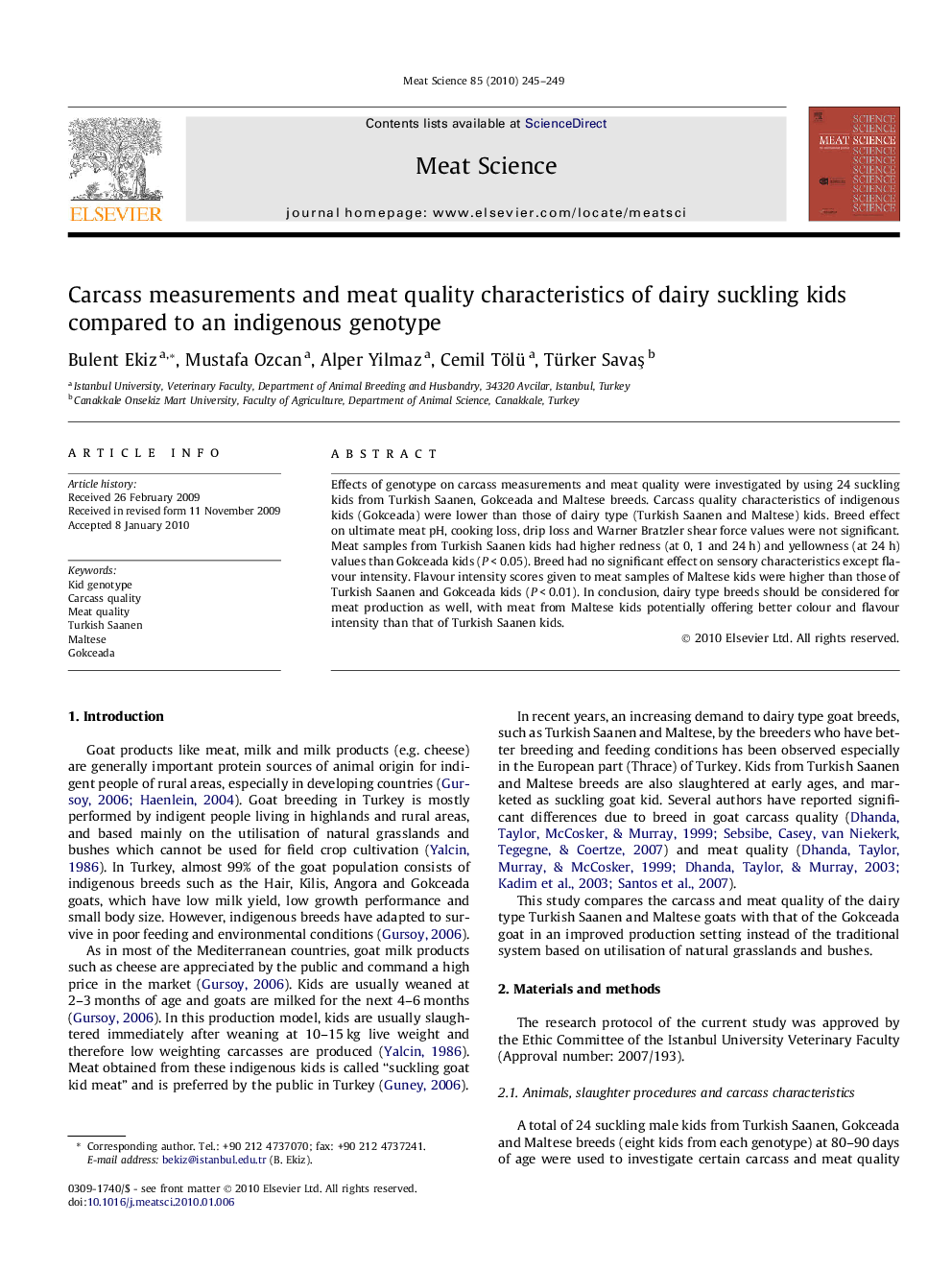 Carcass measurements and meat quality characteristics of dairy suckling kids compared to an indigenous genotype