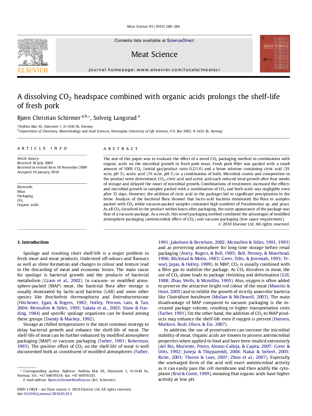 A dissolving CO2 headspace combined with organic acids prolongs the shelf-life of fresh pork