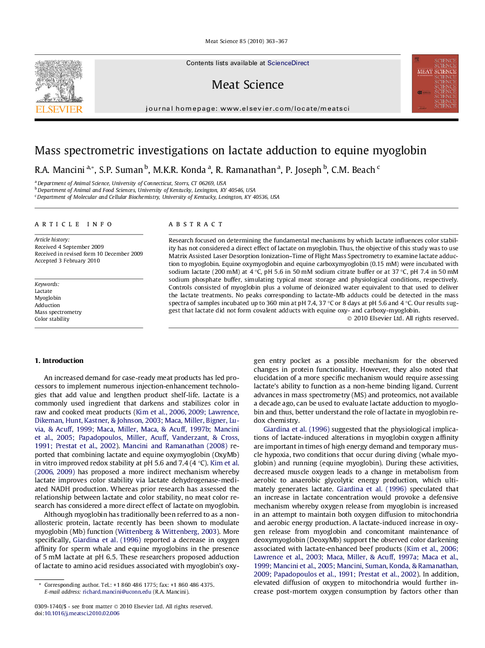 Mass spectrometric investigations on lactate adduction to equine myoglobin