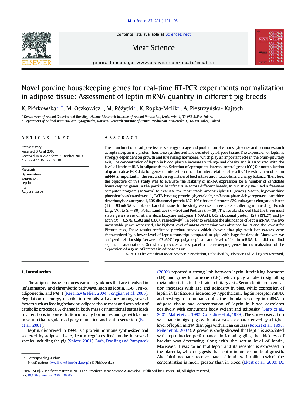 Novel porcine housekeeping genes for real-time RT-PCR experiments normalization in adipose tissue: Assessment of leptin mRNA quantity in different pig breeds