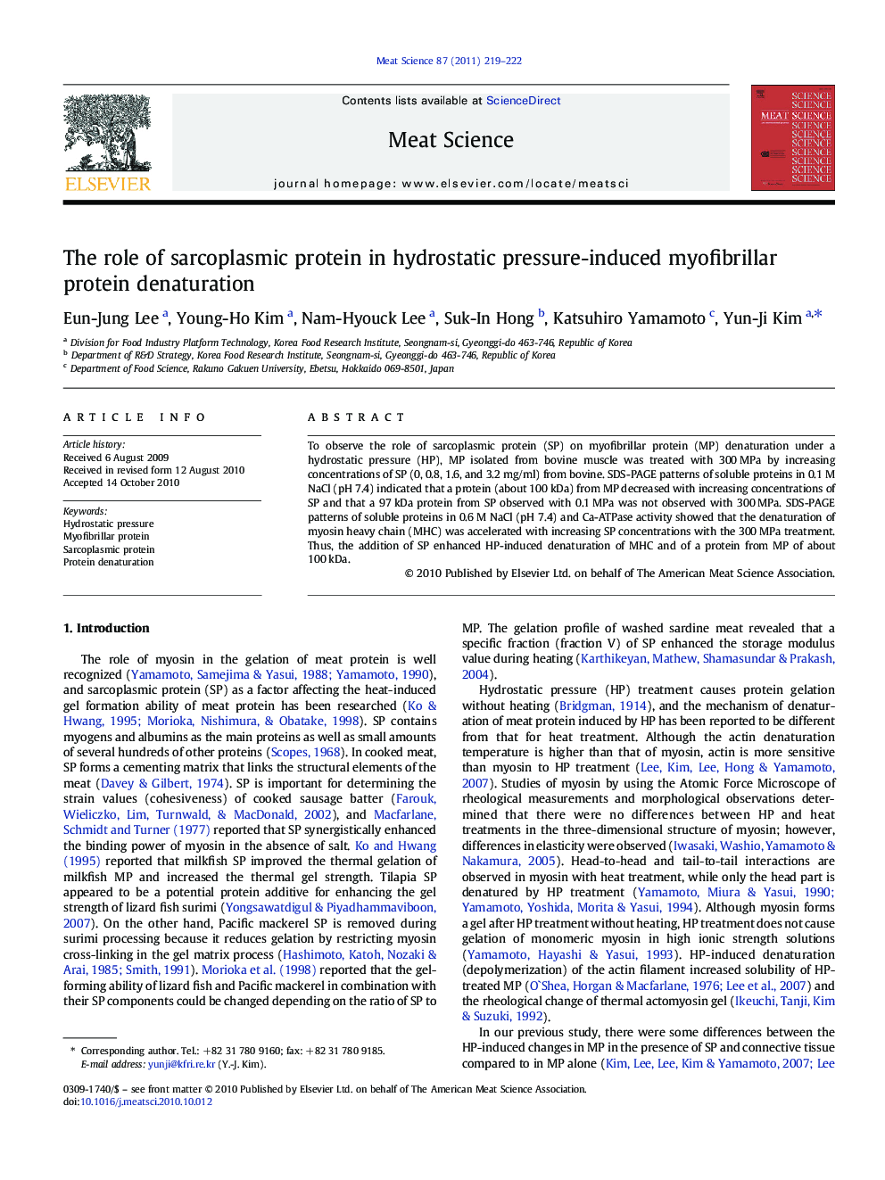 The role of sarcoplasmic protein in hydrostatic pressure-induced myofibrillar protein denaturation