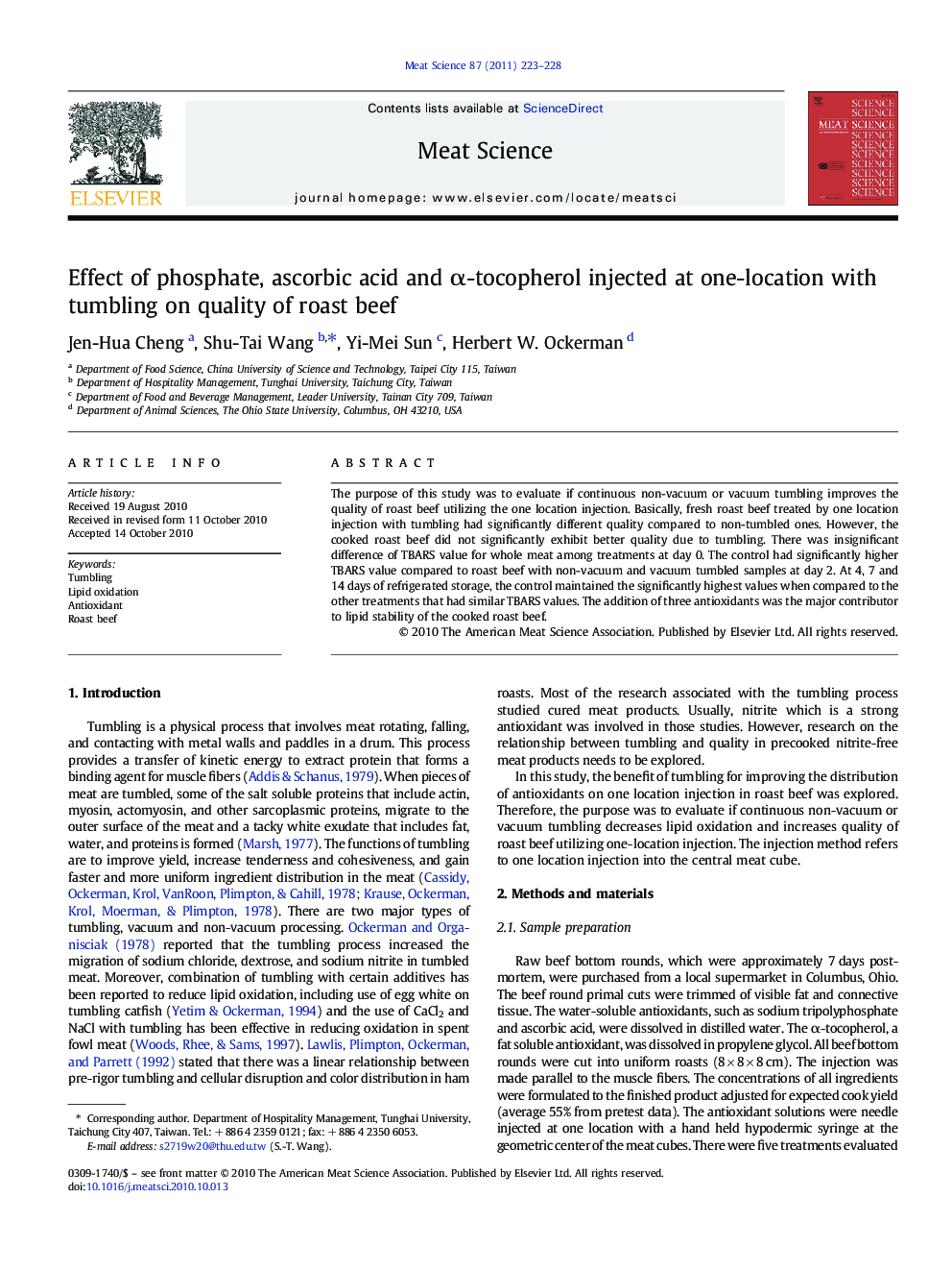 Effect of phosphate, ascorbic acid and α-tocopherol injected at one-location with tumbling on quality of roast beef