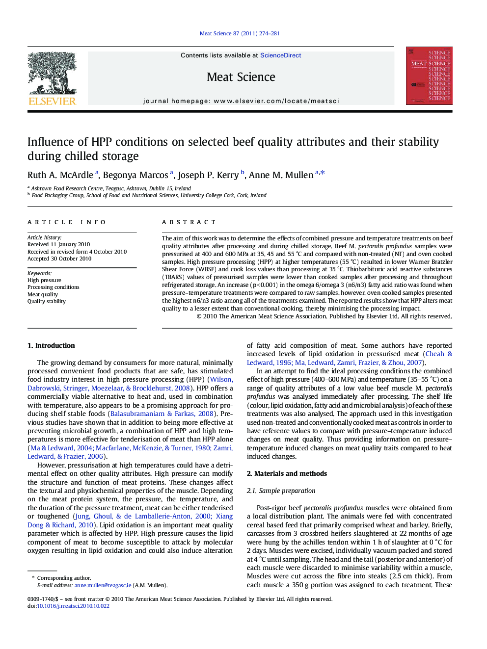 Influence of HPP conditions on selected beef quality attributes and their stability during chilled storage