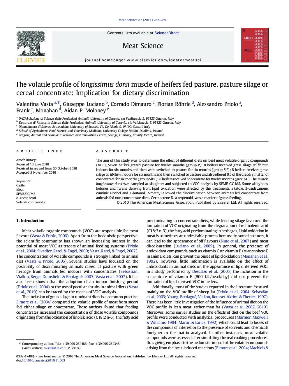 The volatile profile of longissimus dorsi muscle of heifers fed pasture, pasture silage or cereal concentrate: Implication for dietary discrimination