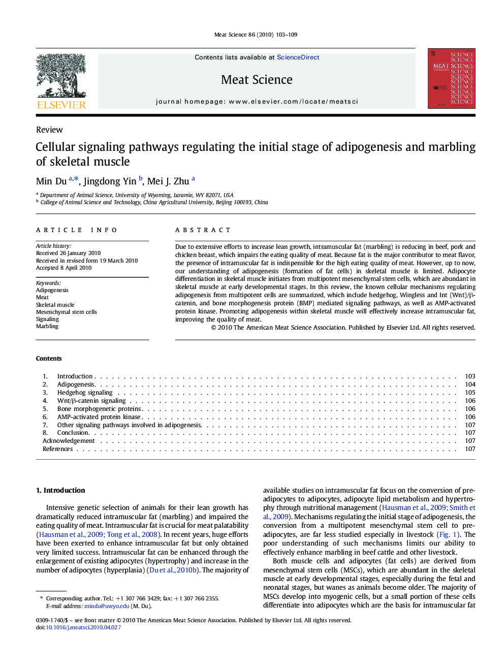 Cellular signaling pathways regulating the initial stage of adipogenesis and marbling of skeletal muscle