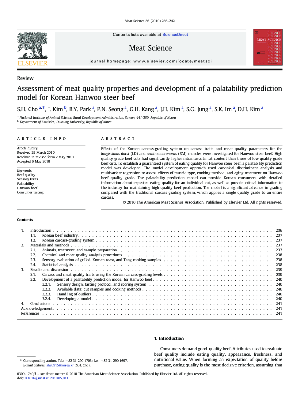 Assessment of meat quality properties and development of a palatability prediction model for Korean Hanwoo steer beef