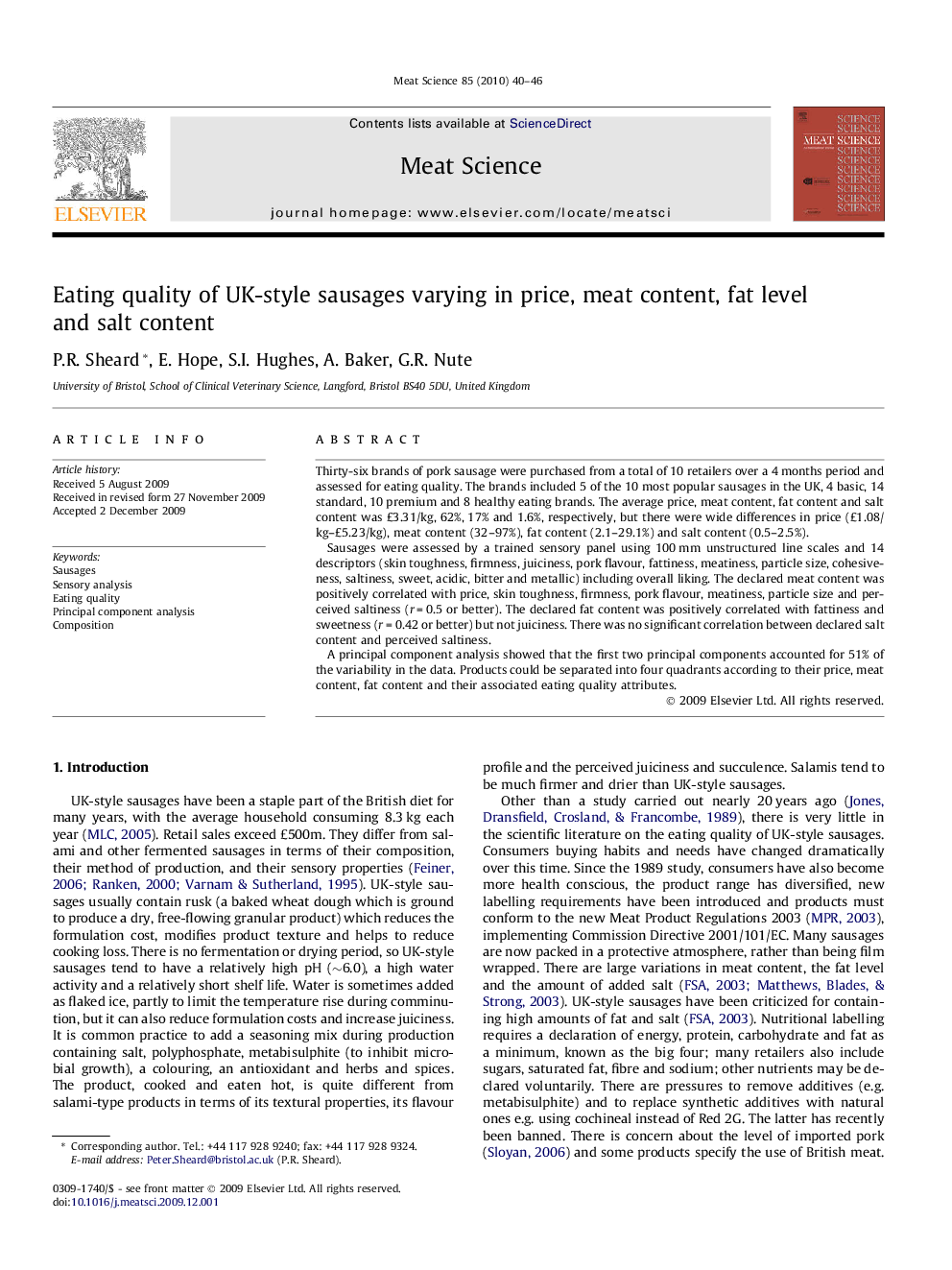 Eating quality of UK-style sausages varying in price, meat content, fat level and salt content