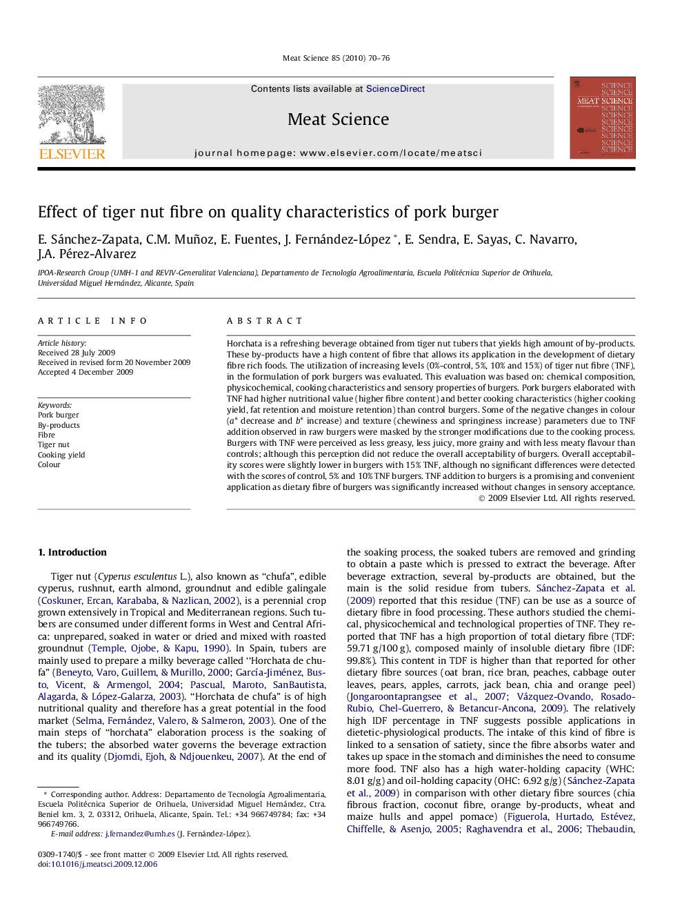 Effect of tiger nut fibre on quality characteristics of pork burger