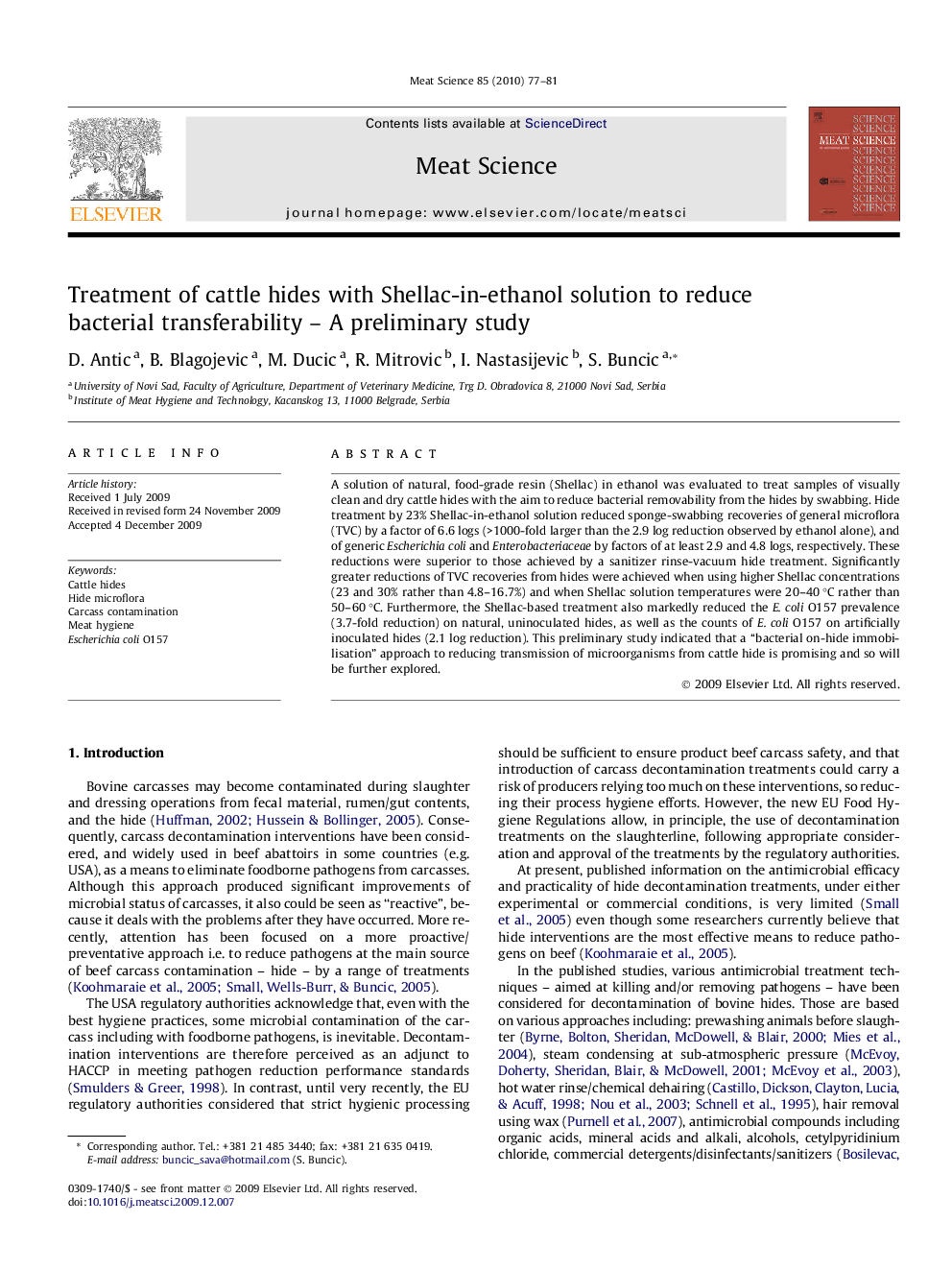 Treatment of cattle hides with Shellac-in-ethanol solution to reduce bacterial transferability – A preliminary study