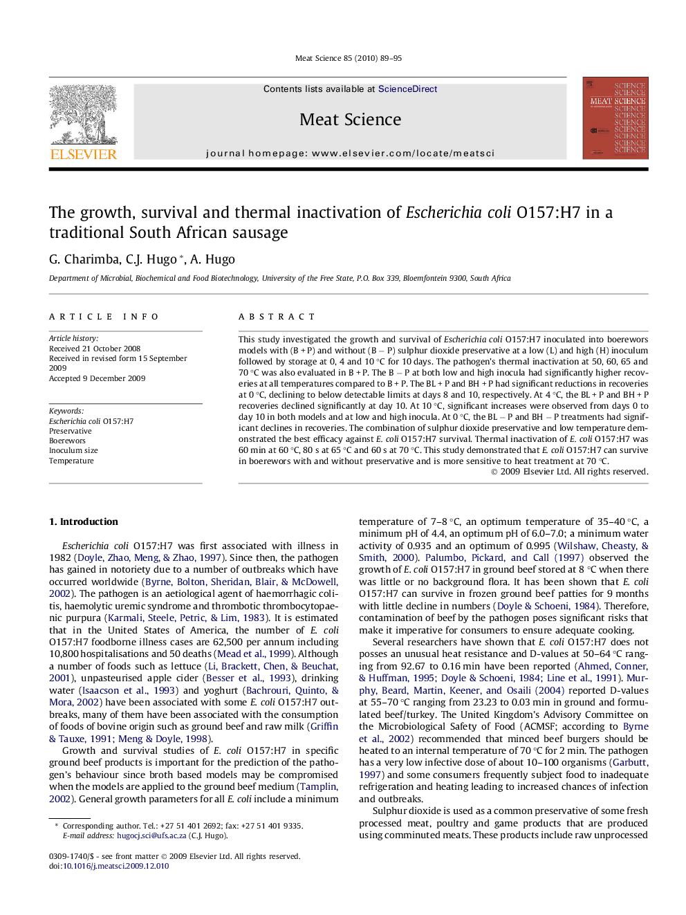 The growth, survival and thermal inactivation of Escherichia coli O157:H7 in a traditional South African sausage