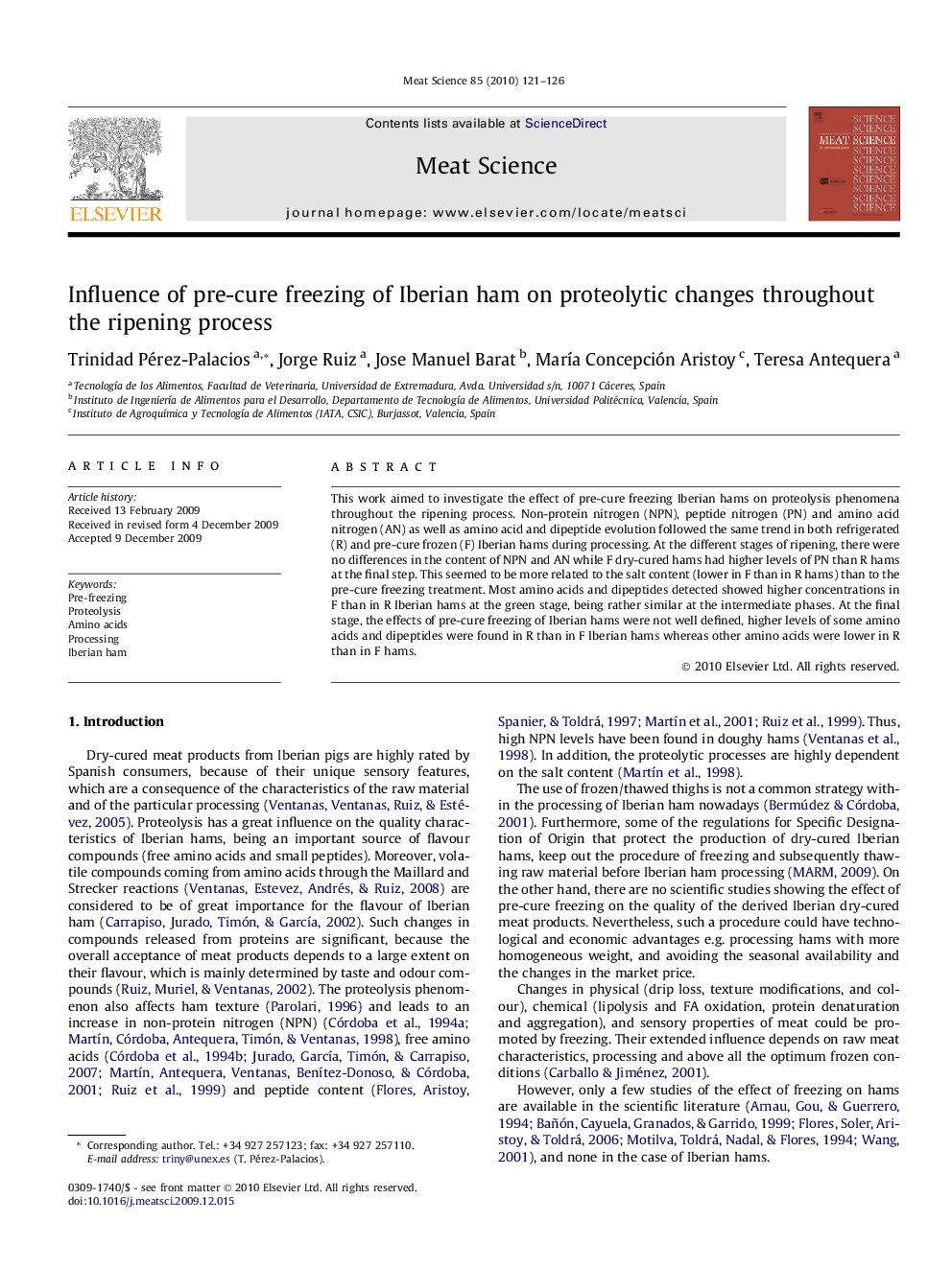 Influence of pre-cure freezing of Iberian ham on proteolytic changes throughout the ripening process