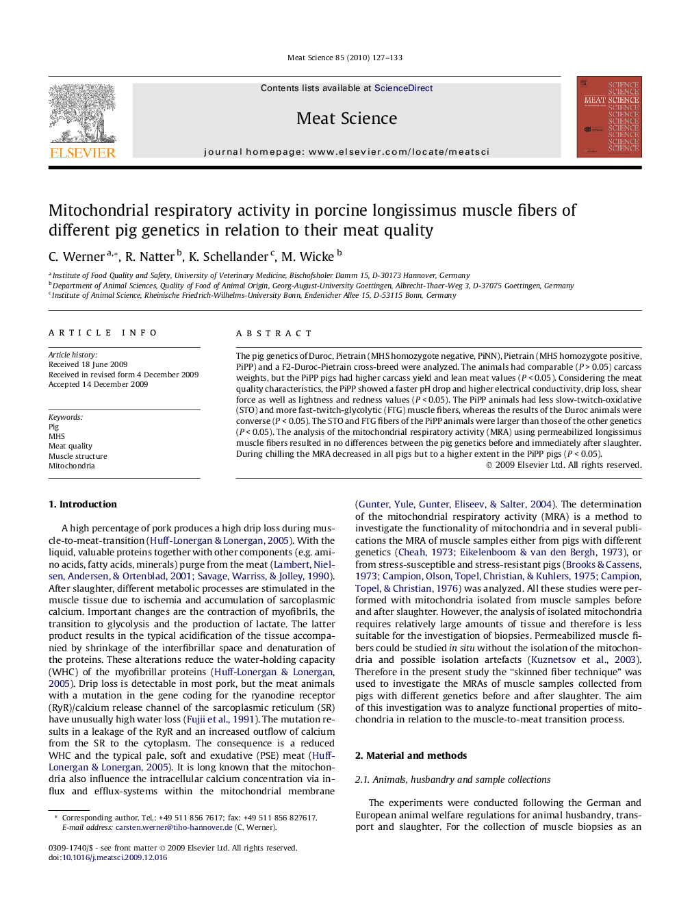 Mitochondrial respiratory activity in porcine longissimus muscle fibers of different pig genetics in relation to their meat quality