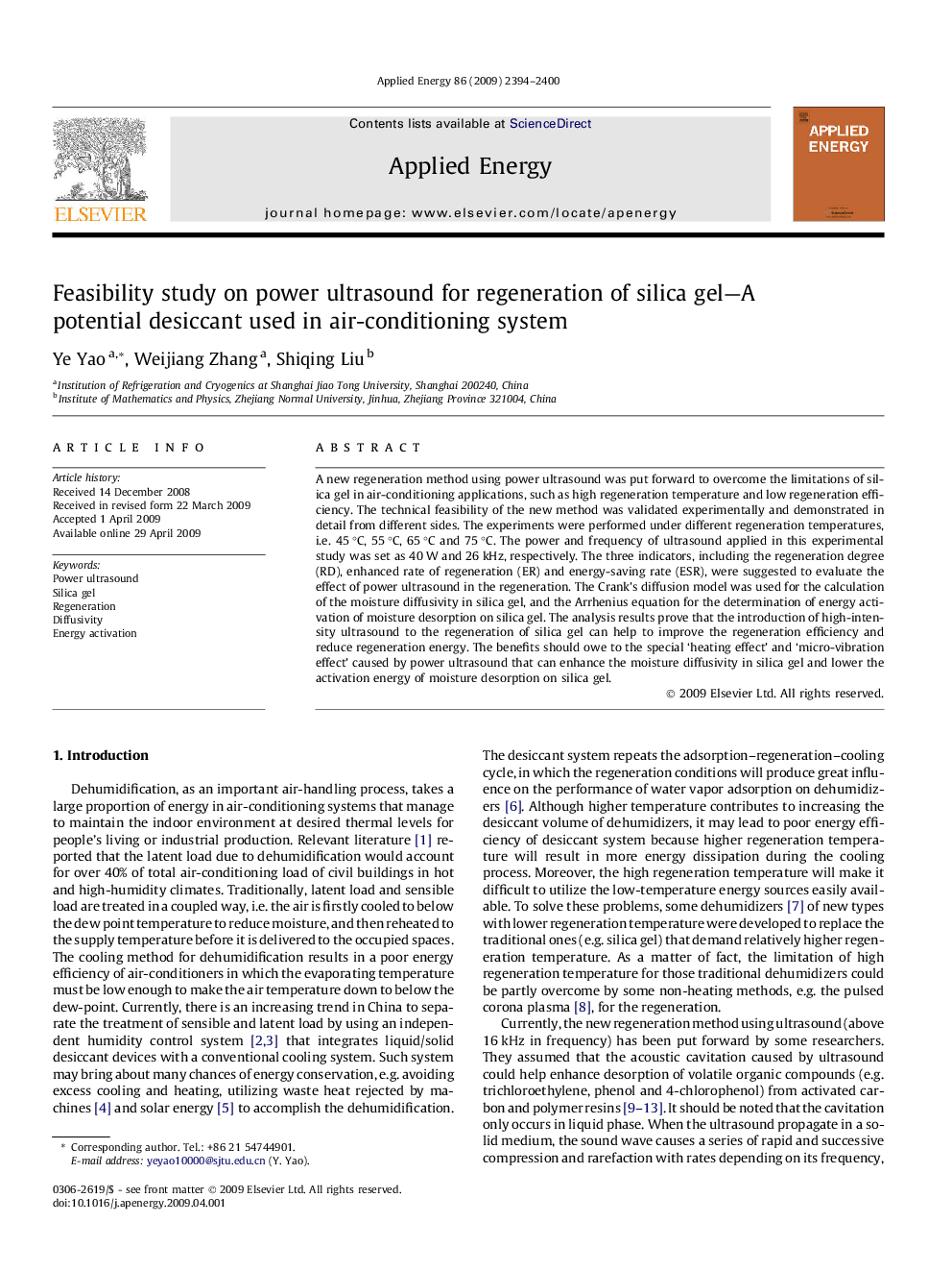 Feasibility study on power ultrasound for regeneration of silica gel—A potential desiccant used in air-conditioning system